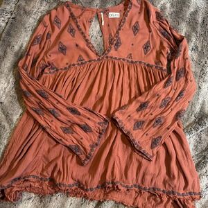 Free People Diamond Embroidered Tunic Mini Dress Navy and Rust color Size Small